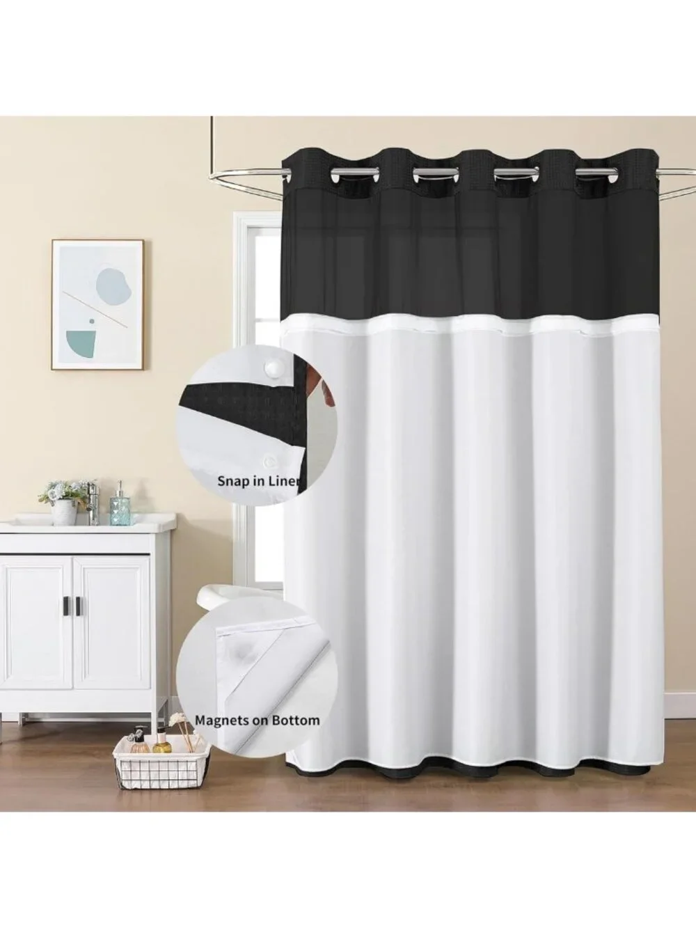 Waterproof Waffle Shower Curtain with See-Through Window, Heavy Duty 72'' x 75''
